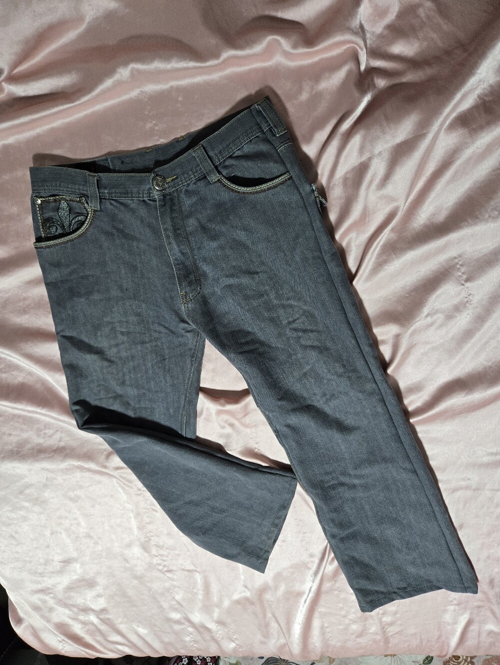 Embroidered 2000s Men's Dark Gray Straight-Leg Jeans